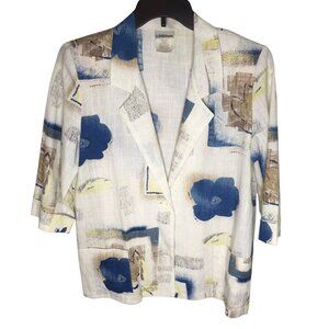 Vintage  Blazer Jacket Cream Blue Pockets USA Women Size  Medium 80s 90s